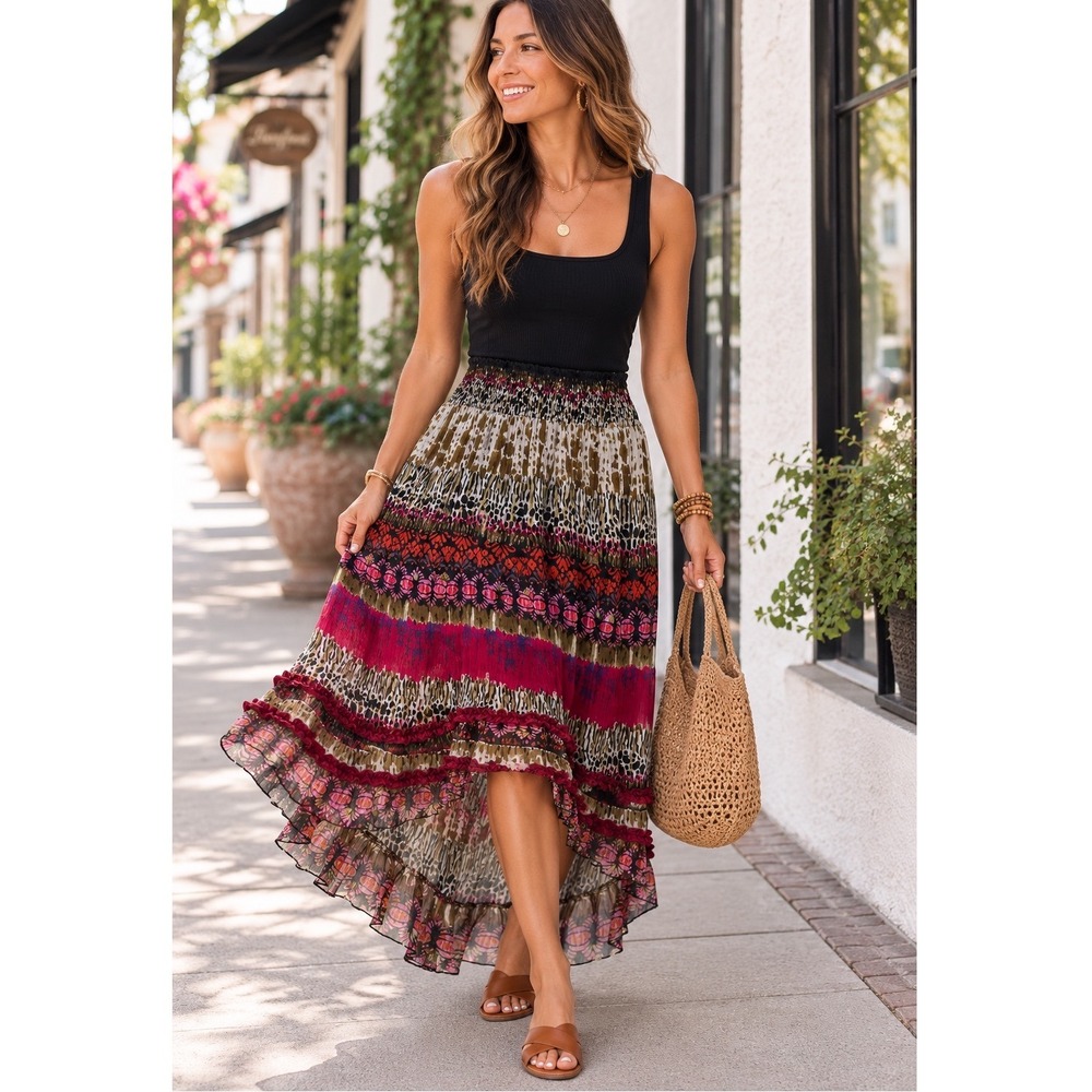 Chudry Womens Mixed Print High-Low Maxi Skirt Smocked Waist Ruffle Boho Medium‎